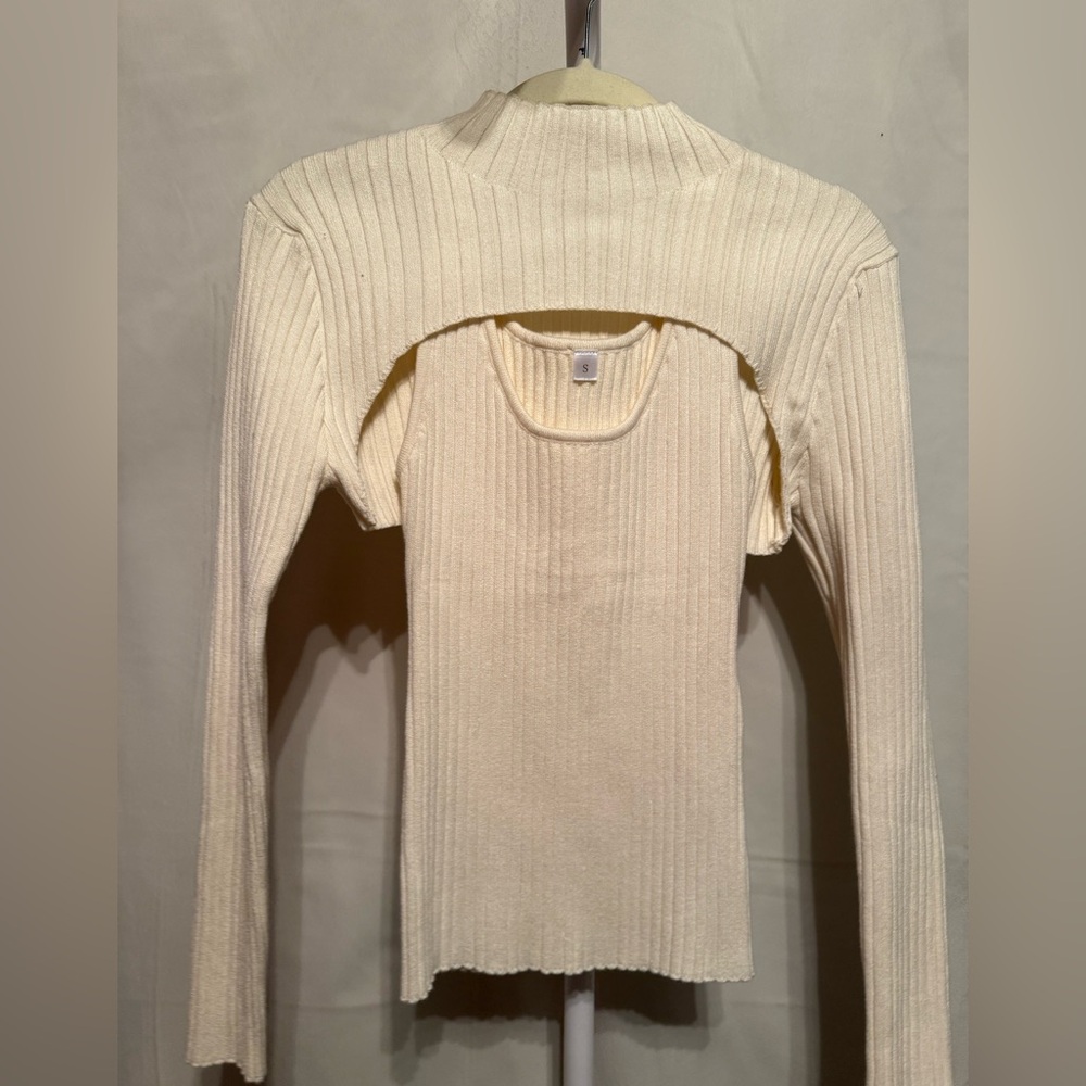 Two piece Ribbed Layered Cream Knit Tank Top with shrug